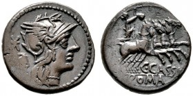  RÖMISCHE REPUBLIK   C. Cassius   (D) Denarius (3,74g), Roma, 126 v. Chr. Kopf der Roma mit geflügeltem Greifenhelm, dahinter Wertzeichen und Stimmurn...