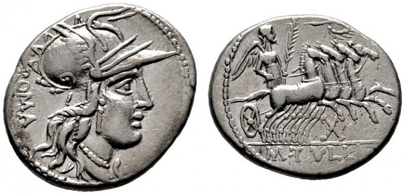  RÖMISCHE REPUBLIK   M. Tullius   (D) Denarius (3,88g), Roma, 120 v. Chr. Kopf d...