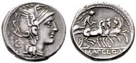  RÖMISCHE REPUBLIK   Ap. Claudius Pulcher, T. Mallius/Manlius Mancinus, Q. Urbinius   (D) Denarius (3,98g), Roma, 111/110 v. Chr. Kopf der Roma mit ge...