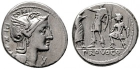  RÖMISCHE REPUBLIK   P. Porcius Laeca   (D) Denarius (3,88g), Roma, 110/109 v. Chr. Kopf der Roma mit geflügeltem Greifenhelm, davor Wertzeichen X / S...