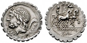  RÖMISCHE REPUBLIK   L. Memmius Galeria   (D) Denarius (Serratus) (3,90g), Roma, 106 v. Chr. Kopf des Saturn mit Lorbeerkranz, dahinter Harpa, davor K...