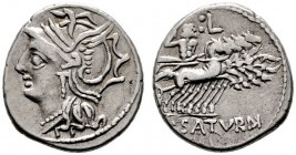  RÖMISCHE REPUBLIK   L. Appuleius Saturninus   (D) Denarius (3,88g), Roma, 104 v. Chr. Kopf der Roma mit geflügeltem Greifenhelm / Saturn in Harpa in ...