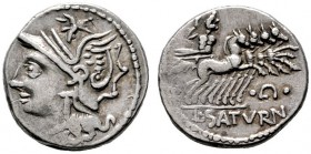  RÖMISCHE REPUBLIK   L. Appuleius Saturninus   (D) Denarius (3,92g), Roma, 104 v. Chr. Kopf der Roma mit geflügeltem Greifenhelm / Saturn mit Harpa in...