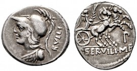  RÖMISCHE REPUBLIK   P. Servilius M.f. Rullus   (D) Denarius (3,88g), Roma, 100 v. Chr. Büste der Minerva mit korinthischem Helm und Aegis / Victoria ...