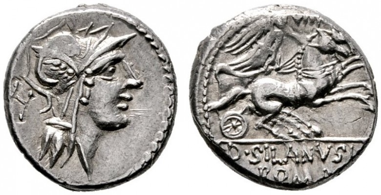  RÖMISCHE REPUBLIK   D. Iunius Silanus L.f.   (D) Denarius (4,05g), Roma, 91 v. ...