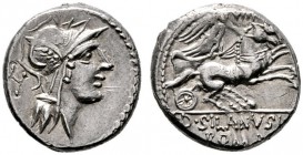  RÖMISCHE REPUBLIK   D. Iunius Silanus L.f.   (D) Denarius (4,05g), Roma, 91 v. Chr. Kopf der Roma mit geflügeltem Greifenhelm, dahinter Kontrollmarke...