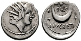  RÖMISCHE REPUBLIK   L. Lucretius Trio   (D) Denarius (3,75g), Roma, 76 v. Chr. Kopf des Sol mit Strahlenkrone / Mondsichel und sieben Sterne. Crawfor...