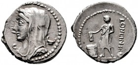  RÖMISCHE REPUBLIK   L. Cassius Longinus   (D) Denarius (3,88g), Roma, 63 v. Chr. Büste der Vesta capite velato, dahinter Cylix, davor Kontrollmarke /...