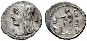  RÖMISCHE REPUBLIK   L. Cassius Longinus   (D) Denarius (3,94g), Roma, 63 v. Chr. Av.: Büste der Vesta mit Stirnband und langem Haar n.l., dahinter Cy...