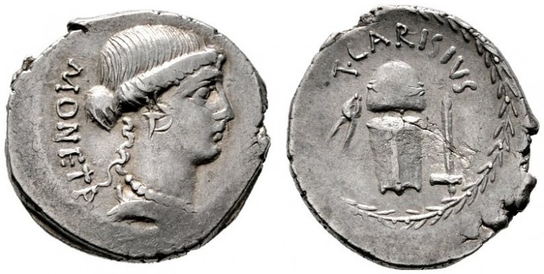  RÖMISCHE REPUBLIK   T. Carisius   (D) Denarius (3,56g), Roma, 46 v. Chr. Av.: M...