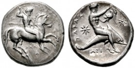  GRIECHISCHE MÜNZEN   CALABRIA   Taras   (D) Nomos/Didrachme (7,81g), ca. 340-332 v. Chr. Av.: Reiter mit Lanze, Schild und zwei weiteren Speeren n.r....