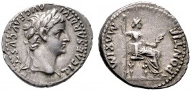 RÖMISCHE KAISERZEIT   Tiberius (14-37)   (D) Denarius (3,84g), Lugdunum (Lyon), 18 n. Chr. Av.: TI CAESAR DIVI - AVG F AVGVSTVS, Kopf mit Lorbeerkran...