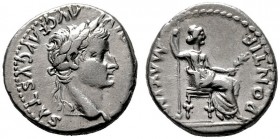  RÖMISCHE KAISERZEIT   Tiberius (14-37)   (D) Denarius (3,68g), Lugdunum (Lyon), 18 n. Chr. Av.: TI CAESAR DIVI - AVG F AVGVSTVS, Kopf mit Lorbeerkran...