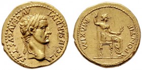  RÖMISCHE KAISERZEIT   Tiberius (14-37)   (D) Aureus (7,82g), Lugdunum (Lyon), 18-35 n. Chr. Av.: TI CAESAR DIVI - AVG F AVGVSTVS, Kopf mit Lorbeerkra...