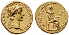  RÖMISCHE KAISERZEIT   Tiberius (14-37)   (D) Aureus (7,81g), Lugdunum (Lyon), 18-35 n. Chr. Av.: TI CAESAR DIVI - AVG F AVGVSTVS, Kopf mit Lorbeerkra...