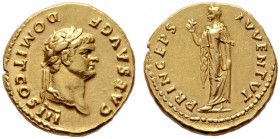  RÖMISCHE KAISERZEIT   Domitianus (81-96)   (D)  als Caesar 69-81. Aureus (7,24g), Roma, 75 n. Chr. Av.: CAES AVG F - DOMIT COS III, Kopf mit Lorbeerk...
