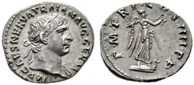  RÖMISCHE KAISERZEIT   Traianus (98-117)   (D) Denarius (3,41g), Roma, 102 n. Chr. Av.: IMP CAES NERVA TRAIAN AVG GERM, Büste mit Lorbeerkranz und lei...