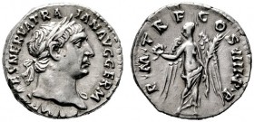  RÖMISCHE KAISERZEIT   Traianus (98-117)   (D) Denarius (3,53g), Roma, 102 n. Chr. Büste mit Lorbeerkranz und leichter Drapierung an linker Schulter /...