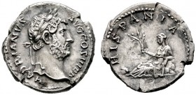  RÖMISCHE KAISERZEIT   Hadrianus (117-138)   (D) Denarius (3,39g), Roma, 134-138 n. Chr. Kopf mit Lorbeerkranz / Hispania mit Zweig liegt auf Felsen g...