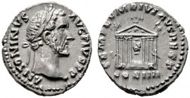  RÖMISCHE KAISERZEIT   Antoninus Pius (138-161)   (D) Denarius (3,46g), Roma, 145-161 n. Chr. Kopf mit Lorbeerkranz / Tempel des Divus Augustus und de...