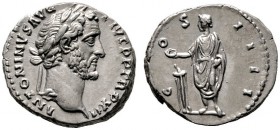  RÖMISCHE KAISERZEIT   Antoninus Pius (138-161)   (D) Denarius (3,52g), Roma, 148-149 n. Chr. Kopf mit Lorbeerkranz / Kaiser mit Patera und Schriftrol...