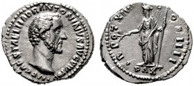  RÖMISCHE KAISERZEIT   Antoninus Pius (138-161)   (D) Denarius (3,36g), Roma, 150-151 n. Chr. Kopf / Pax mit Zweig und Szepter. RIC 200a, RSC 582c. s....