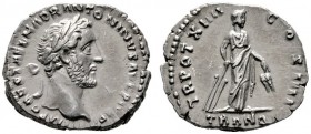  RÖMISCHE KAISERZEIT   Antoninus Pius (138-161)   (D) Denarius (3,34g), Roma, 150-151 n. Chr. Kopf mit Lorbeerkranz / Tranquillitas mit Ruder und Ähre...