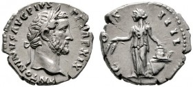  RÖMISCHE KAISERZEIT   Antoninus Pius (138-161)   (D) Denarius (3,37g), Roma, 155-156 n. Chr. Kopf mit Lorbeerkranz / Annona mit Ähren und l. Hand Mod...