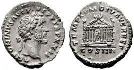  RÖMISCHE KAISERZEIT   Antoninus Pius (138-161)   (D) Denarius (2,92g), Roma, 158-159 n. Chr. Kopf mit Lorbeerkranz / Tempel des Divus Augustus und de...