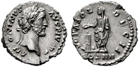  RÖMISCHE KAISERZEIT   Antoninus Pius (138-161)   (D) Denarius (3,18g), Roma, 158-159 n. Chr. Kopf mit Lorbeerkranz / Kaiser mit Patera und Schriftrol...
