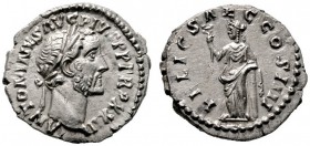  RÖMISCHE KAISERZEIT   Antoninus Pius (138-161)   (D) Denarius (3,30g), Roma, 159-160 n. Chr. Kopf mit Lorbeerkranz / Felicitas mit Caduceus an Halbsä...