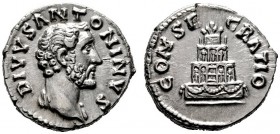  RÖMISCHE KAISERZEIT   Antoninus Pius (138-161)   (D) Denarius (3,34g), Roma, 161 n. Chr. Büste mit leichter Drapierung an linker Schulter / Vierstöck...
