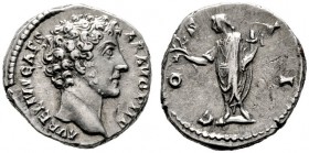  RÖMISCHE KAISERZEIT   Marcus Aurelius (161-180)   (D)  als Caesar 139-161. Denarius (3,94g), Roma, 145-147 n. Chr. Kopf / Honos mit Zweig und Cornuco...