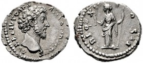  RÖMISCHE KAISERZEIT   Marcus Aurelius (161-180)   (D) Denarius (3,66g), Roma, 157-158 n. Chr. Kopf / Felicitas mit Caduceus und Szepter. RIC 475 note...