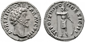  RÖMISCHE KAISERZEIT   Marcus Aurelius (161-180)   (D) Denarius (3,38g), Roma, 159-160 n. Chr. Kopf / Mars mit Lanze und l. Hand auf Schild gestützt. ...