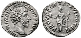 RÖMISCHE KAISERZEIT   Marcus Aurelius (161-180)   (D) Denarius (3,42g), Roma, Dezember 161-Dezember 162 n. Chr. Kopf / Providentia mit Globus und Cor...