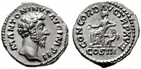  RÖMISCHE KAISERZEIT   Marcus Aurelius (161-180)   (D) Denarius (3,45g), Roma, Dezember 163-Dezember 164 n. Chr. Kopf / Concordia mit Patera auf Thron...