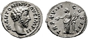  RÖMISCHE KAISERZEIT   Marcus Aurelius (161-180)   (D) Denarius (2,91g), Roma, Dezember 163-Dezember 164 n. Chr. Kopf / Concordia mit Patera und Doppe...