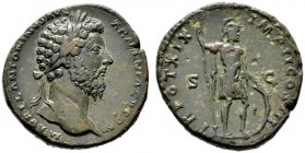  RÖMISCHE KAISERZEIT   Marcus Aurelius (161-180)   (D) Sestertius (21,21g), Roma, Dezember 164-August 165 n. Chr. Kopf mit Lorbeerkranz / Mars mit Lan...