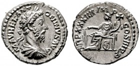  RÖMISCHE KAISERZEIT   Marcus Aurelius (161-180)   (D) Denarius (3,29g), Roma, Dezember 179-März 180 n. Chr. Büste mit Lorbeerkranz, Drapierung und Kü...