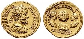 RÖMISCHE KAISERZEIT   Septimius Severus (193-211)   (D) Aureus (7,13g), Roma, 202 n. Chr. Av.: SEVER P AVG P M - TR P X COS III, Büste mit Lorbeerkra...