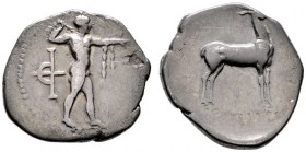  GRIECHISCHE MÜNZEN   BRUTTIUM   Kaulonia   (D) Nomos/Stater (7,43g), ca. 400-389/388 v. Chr. Av.: Apollon mit Zweig und Girlande über dem l. Arm n.r....