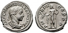 RÖMISCHE KAISERZEIT   Severus Alexander (222-235)   (D) Denarius (3,10g), Roma, 223 n. Chr. Büste mit Lorbeerkranz und Drapierung / Iuppiter mit Fulm...