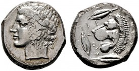  GRIECHISCHE MÜNZEN   SICILIA   Leontinoi   (D) Tetradrachme (17,05g), ca. 430-425 v. Chr. Av.: Kopf des Apollon mit Lorbeerkranz n.l. Rv.: LEO-N-TI-N...