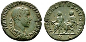  RÖMISCHE KAISERZEIT   Philippus II. (247-249)   (D) Sestertius (14,22g), Roma, auf die dritte Liberalitas, 248 n. Chr. Büste mit Lorbeerkranz, Drapie...