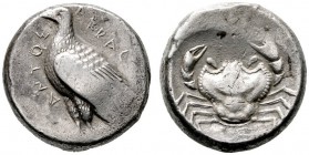  GRIECHISCHE MÜNZEN   SICILIA   Akragas   (D) Tetradrachme (17,07g), ca. 460-446 v. Chr. Av.: AKRAC-ANTOΣ, Adler mit angelegten Schwingen n.l. Rv.: Kr...