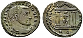  RÖMISCHE KAISERZEIT   Constantinus I. (306-337)   (D) Follis (6,61g), Roma, 4. Offizin, Sommer 307 n. Chr. Kopf mit Lorbeerkranz / Hexastyle Tempelfr...