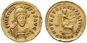 RÖMISCHE KAISERZEIT   Arcadius (383-408)   (D) Solidus (4,30g), Constantinopolis, 4. Offizin, 403-408 n. Chr. Av.: D N ARCADI-VS P F AVG, Büste mit H...