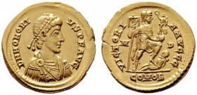  RÖMISCHE KAISERZEIT   Honorius (393-423)   (D) Solidus (4,44g), Mediolanum (Mailand), 395-402 n. Chr. Av.: D N HONORI-VS P F AVG, Büste mit Perlendia...