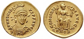  RÖMISCHE KAISERZEIT   Honorius (393-423)   (D) Solidus (4,50g), Constantinopolis, 9. Offizin, 397-402 n. Chr. Av.: D N HONORI-VS P F AVG, Büste mit H...
